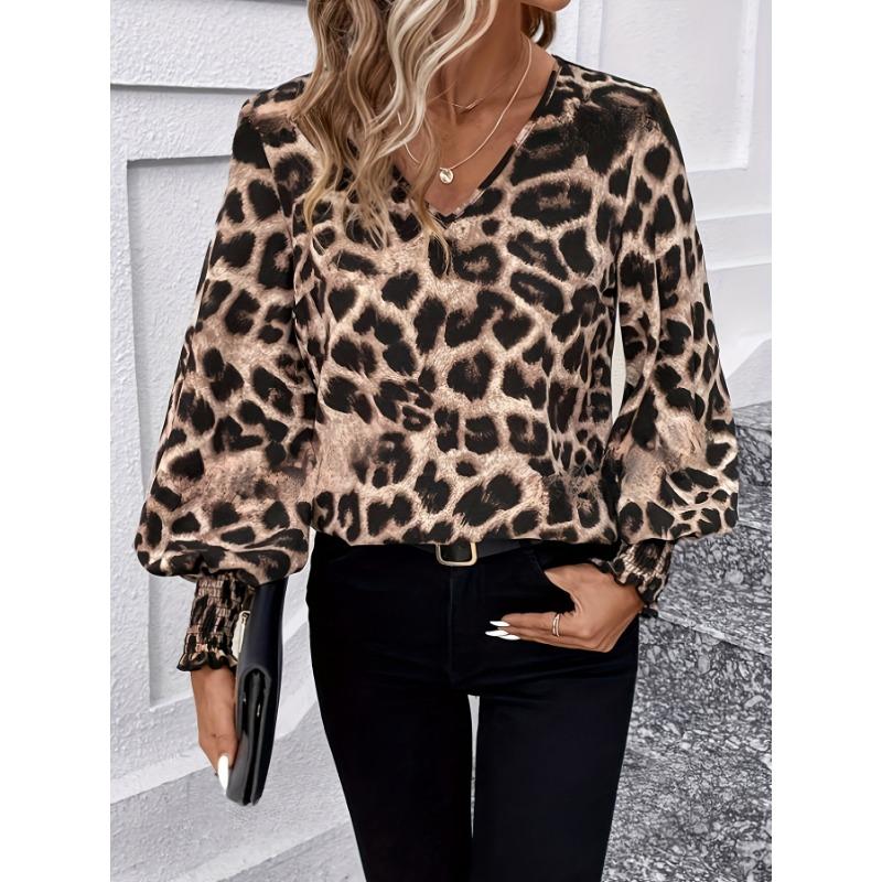 Fashion V-neck Leopard Print Long Sleeved Women Blouse Loose Casual Office Simple Chiffon Shirt Casual Simple Streetwear Elegant Top Clothing
