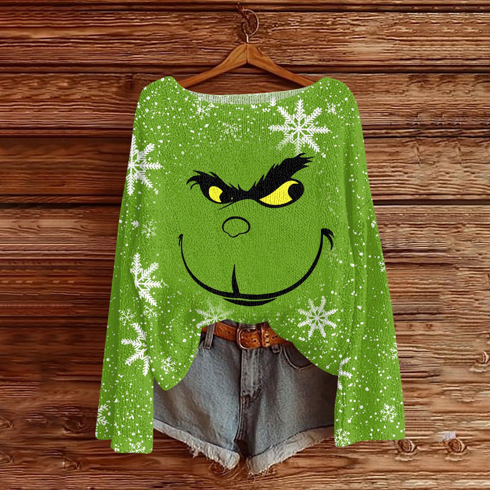 

Женский легкий свитер с круглым вырезом, повседневный вязаный пуловер с длинным рукавом и рождественским принтом. XXL