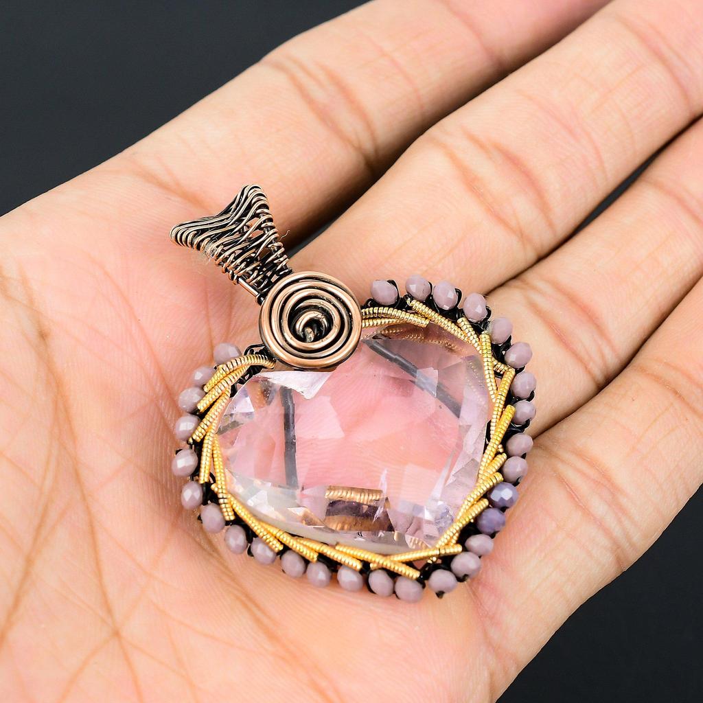 Heart Shape Pink Kunzite Gemstone Handmade Copper Wire Wrap Jewelry Pendant For Love