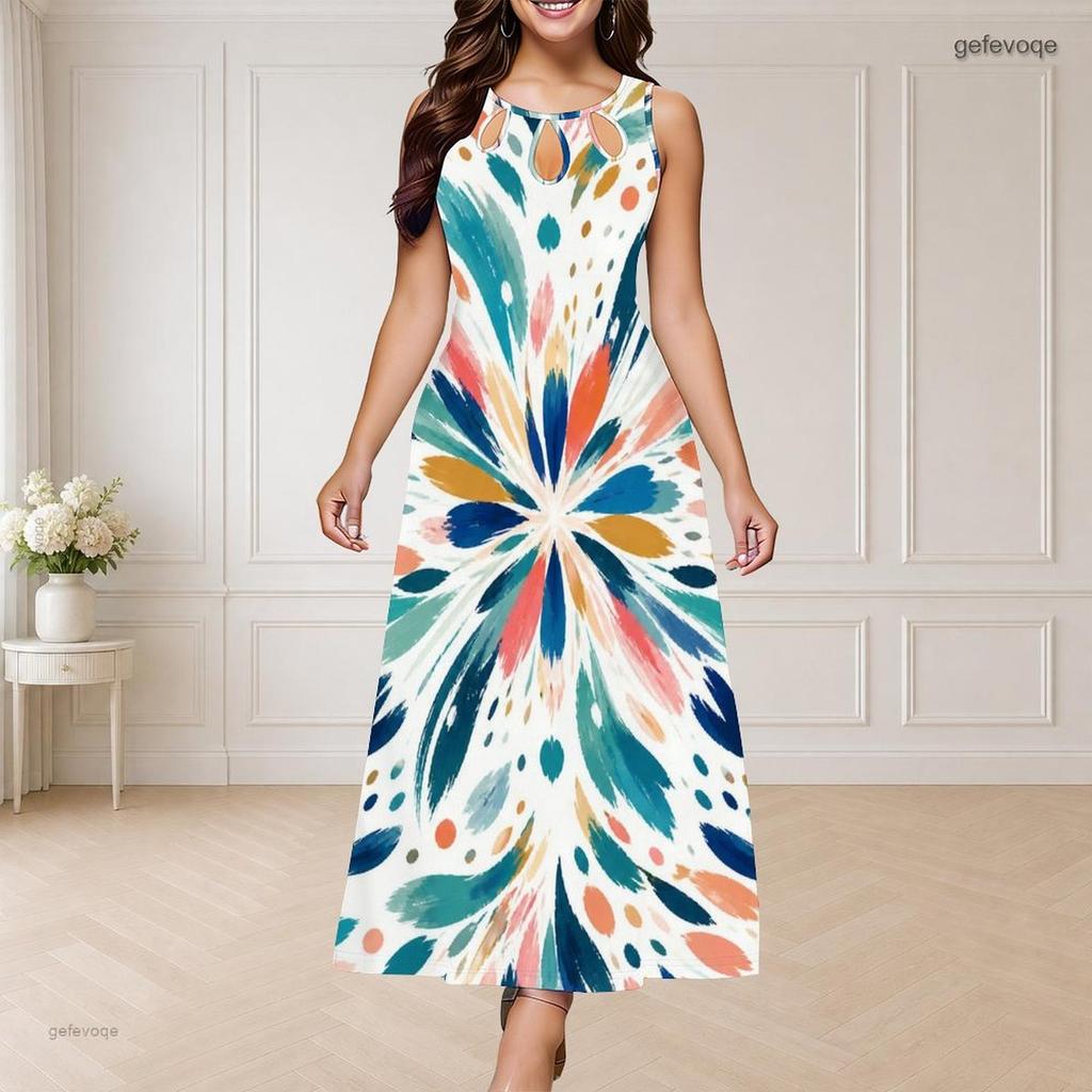 Women Plus Size Round Neck Triple Keyhole Cutout Sleeveless Printed Maxi Dress