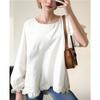 Women's Cotton and Linen T-shirt Loose Ruffled Sleeves Round Neck Long-sleeved Shirt