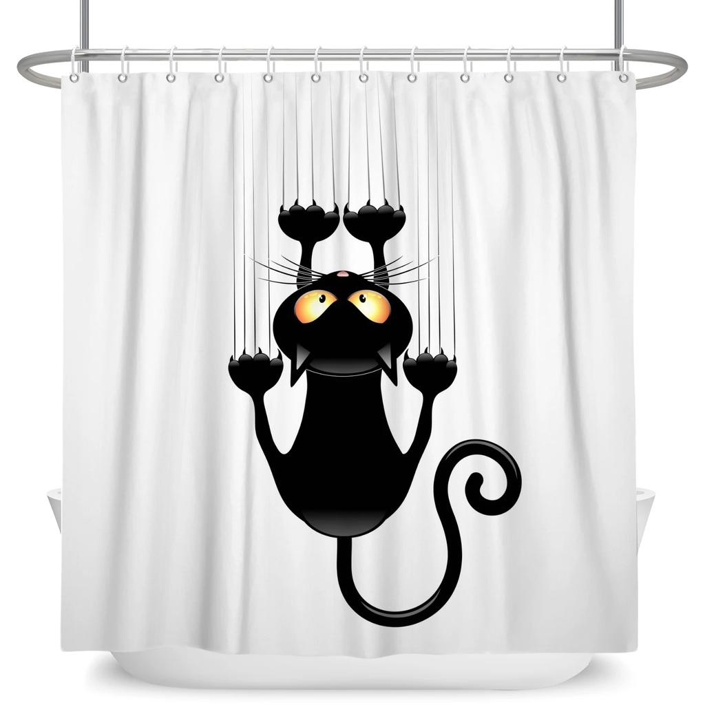 Hrdinský Velký bílý žralok s pistolí Kočka Vtipný sprchový závěs Pro kryt vany Kryt koupelny Koupání Extra velký Široký 12 ks háčků