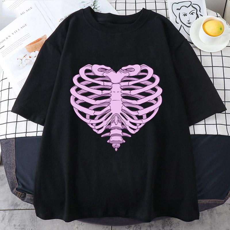 

Женская футболка в стиле панк Love Skeleton, летние футболки с короткими рукавами Harajuku Y2K, топ большого размера, уличная одежда, винтажная рубашка, одежда M чёрный