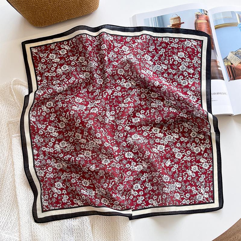 Premium silk cotton silk scarf square scarf 2025 new floral retro thin silk cotton silk scarf women s Korean silk cotton scarf 53cm
