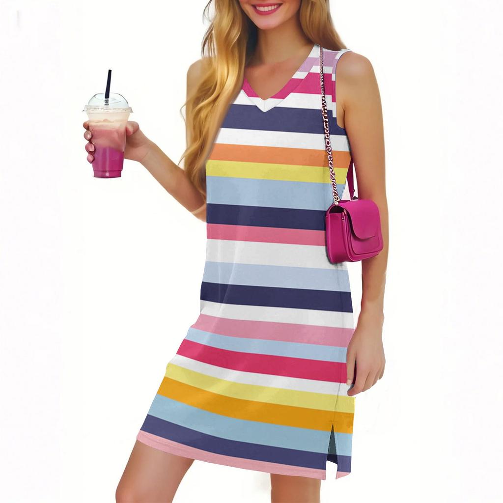 Women's V-neck Plaid Print Sleeveless Hem Slit Dress