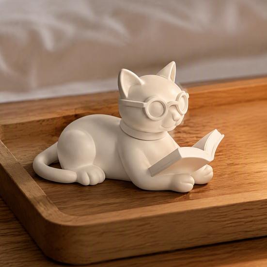Bookshelf Decorative Accents 3D Printed Reading Cat Figurine, Statue with Eyeglasses, Creative Birthday Gifts Animal Desktop Ornament for Home Office