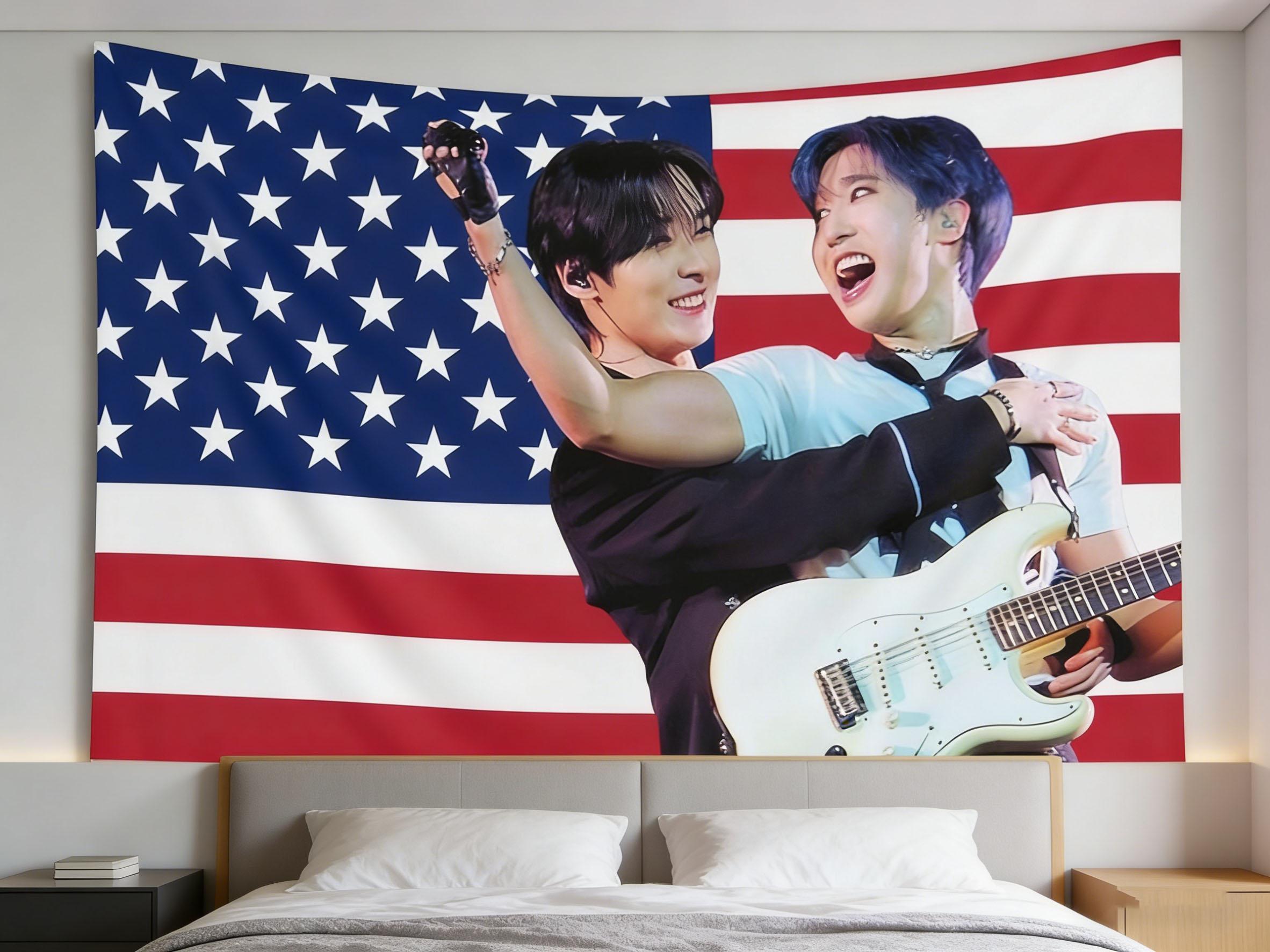 1pc K-pop Minsung American Flag Tapestry Perfect Gift for Minsung Fans Wall Hanging for Bedroom Dorm Room Decor Idol Merchandise 100X70CM