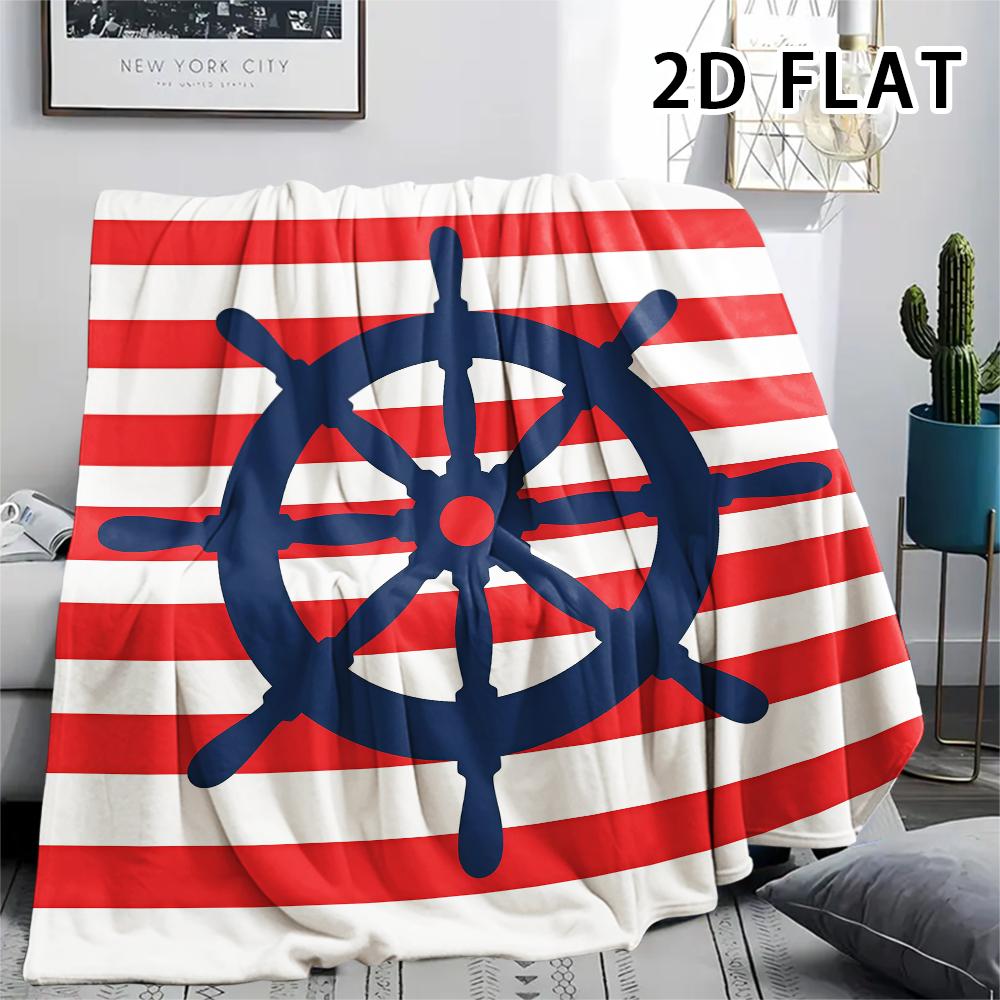 1Pc 2D FLAT Red Stripe Marine Print Flannel Blanket,High quality Comfortable for All Seasons,Home Decor,Warmth and Comfort,Perfect for Christmas Gifts