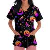 Women's short-sleeved Halloween print V-neck pocket protective work shirt