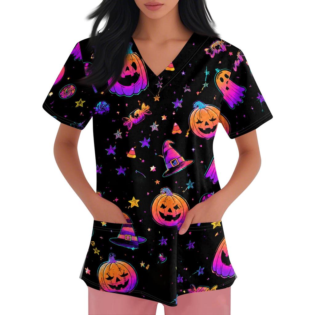 Women's short-sleeved Halloween print V-neck pocket protective work shirt
