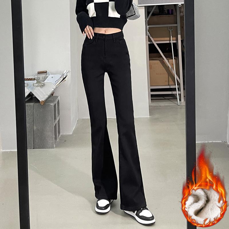 

Плюшевые и утолщенные расклешенные джинсы для женщин с высокой талией, широкие узкие расклешенные брюки с драпировкой и бархатом XL