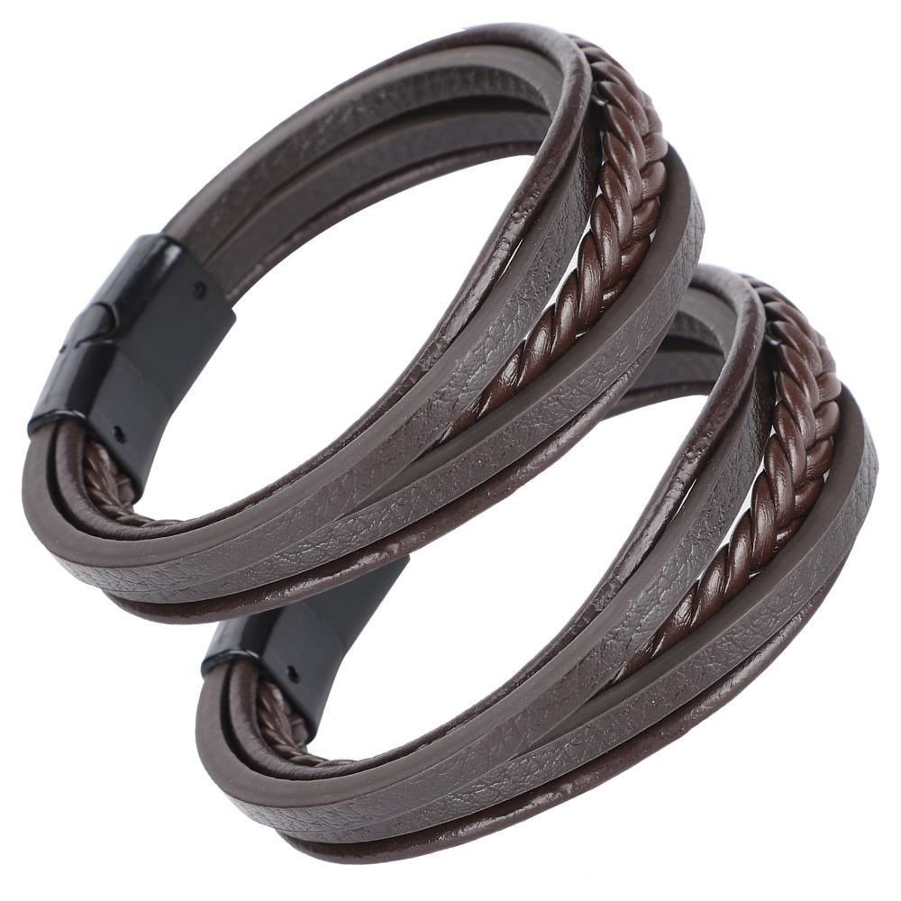 2pcs PU Leather Leather Bracelet Brown Multi-Strand Bracelet Fashion Braided Bracelet For Men