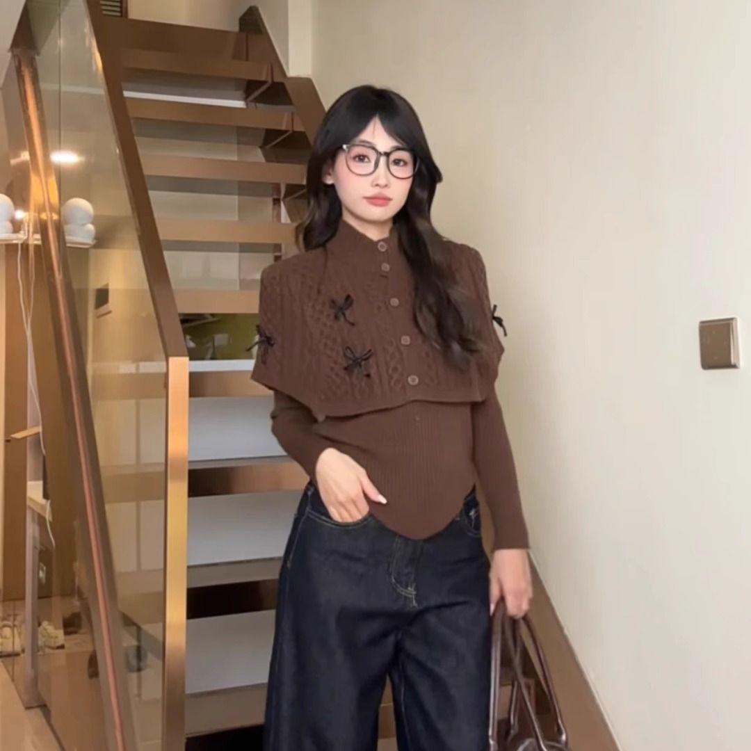 

Женский красный вязаный свитер с многослойным бантом, нерегулярной шалью и полувысоким воротником для осенне-зимнего рождественского сезона Medium кофейный