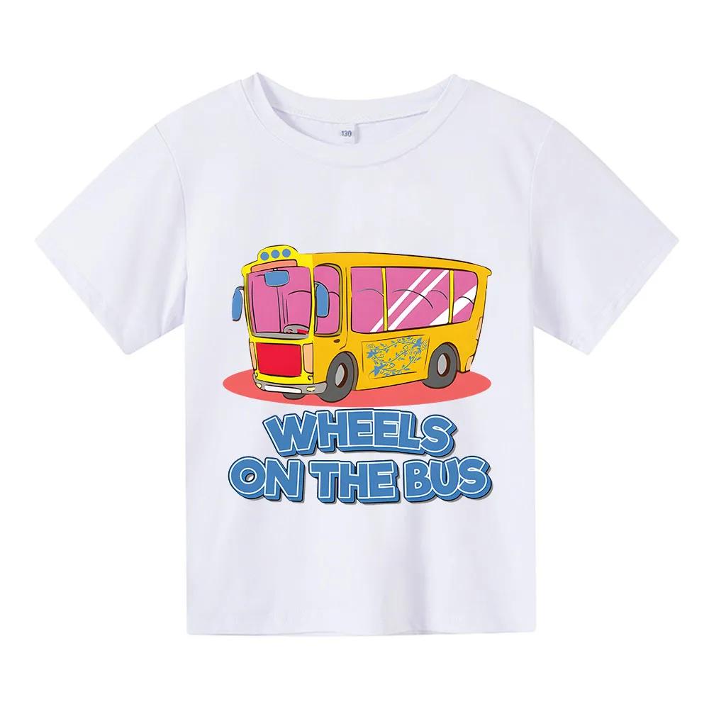 

Детская футболка из 100% хлопка «Колеса автобуса» с рисунком, детская, для девочек, с короткими рукавами, мультяшная футболка, детские топы, одежда для девочек, Camisetas 100 белый