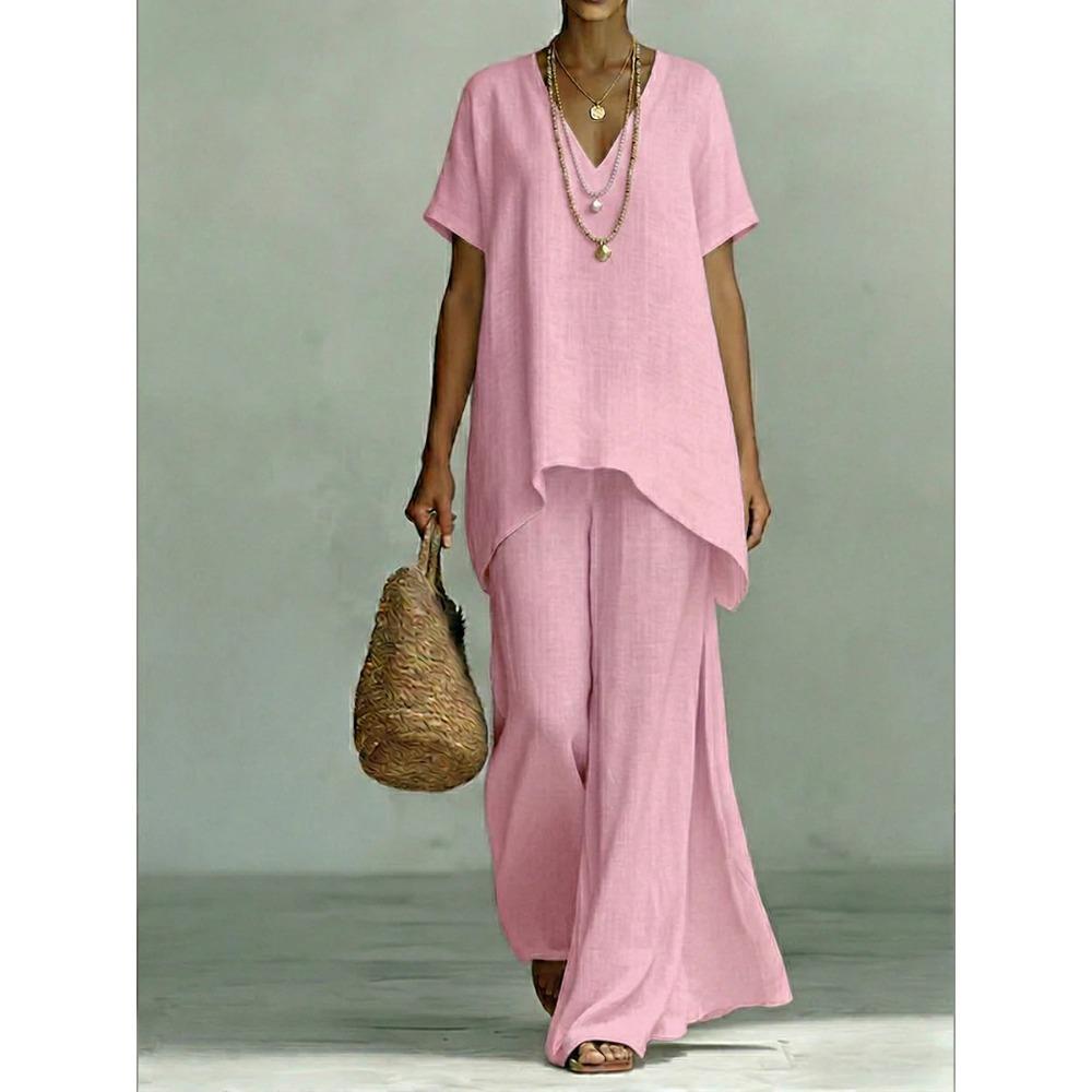 Women's Loose Fit Two-Piece Tracksuit Short Sleeve V Neck Top High Waist Wide Leg Pants