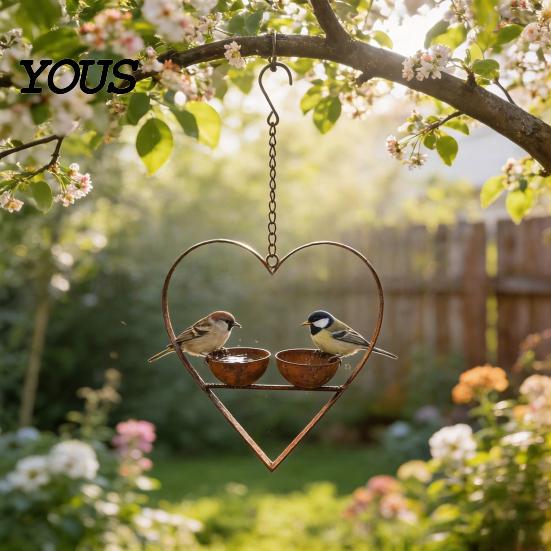 Bird Feeder for Sparrows Metal Heart Feeder, Outdoor Hanging with Large Capacity 2 Bowls, Garden Backyard Wild Birds