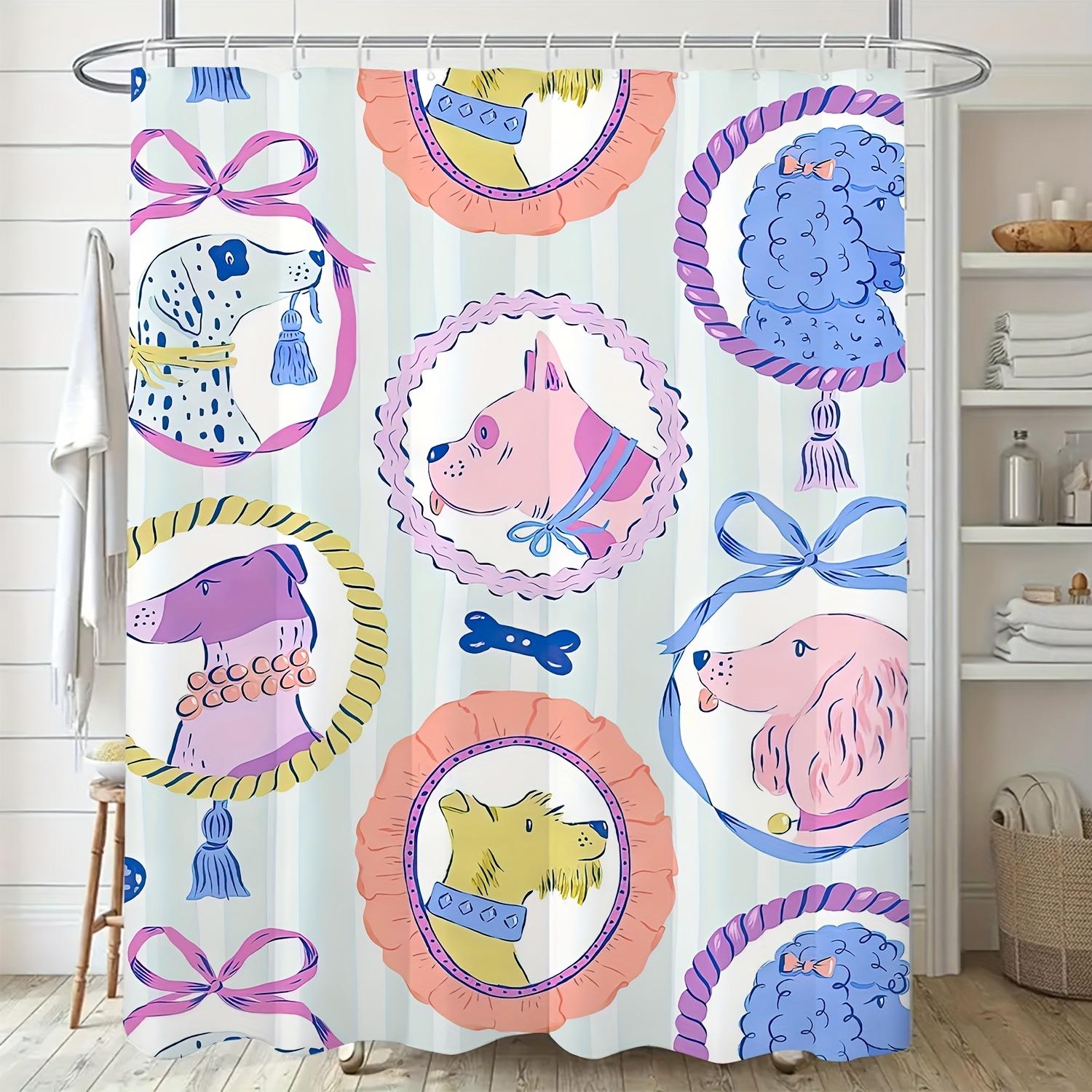 1pc Modern Cartoon Dog Design Shower Curtain - Polyester Bathroom Decor with Hooks, Playful Artistic Patterns in Blue, Pink 90x180cm35x71in
