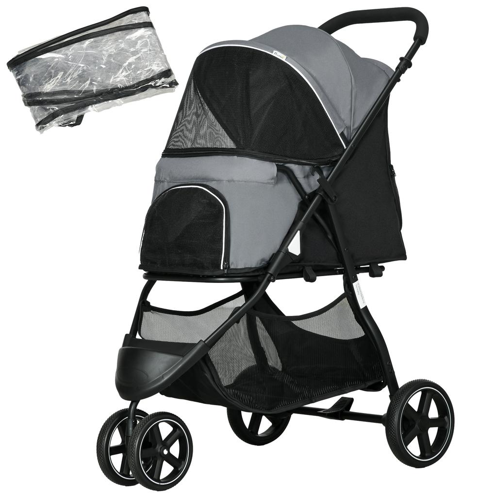 Dog Buggy Pet Stroller, Foldable, Rain Cover, 2 Safety Leashes, 83cm x 55cm x 101cm, Gray + Black