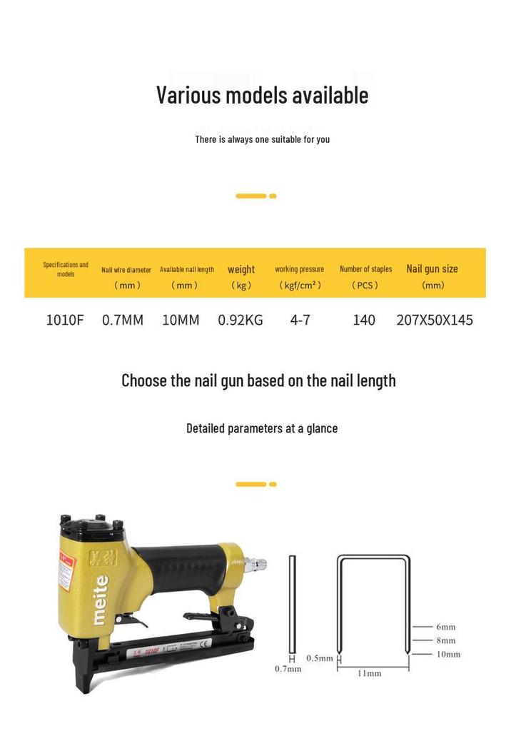Meite 1010F U-Shape Pneumatic Brad Nailer for Sofa & Leather Crafting