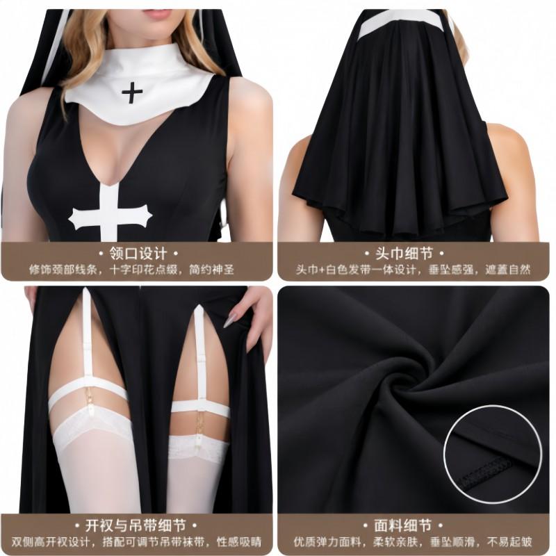 Halloween Nun Cosplay Dress Medieval Cross Long Skirt Costume Party