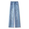 Women's High-Waisted Light Blue Denim Wide-Leg Pants with Rhinestone Embroidery - 2026 Spring/Autumn Chinese Style Slimming Casuals