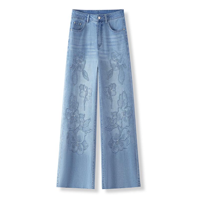 Women's High-Waisted Light Blue Denim Wide-Leg Pants with Rhinestone Embroidery - 2026 Spring/Autumn Chinese Style Slimming Casuals