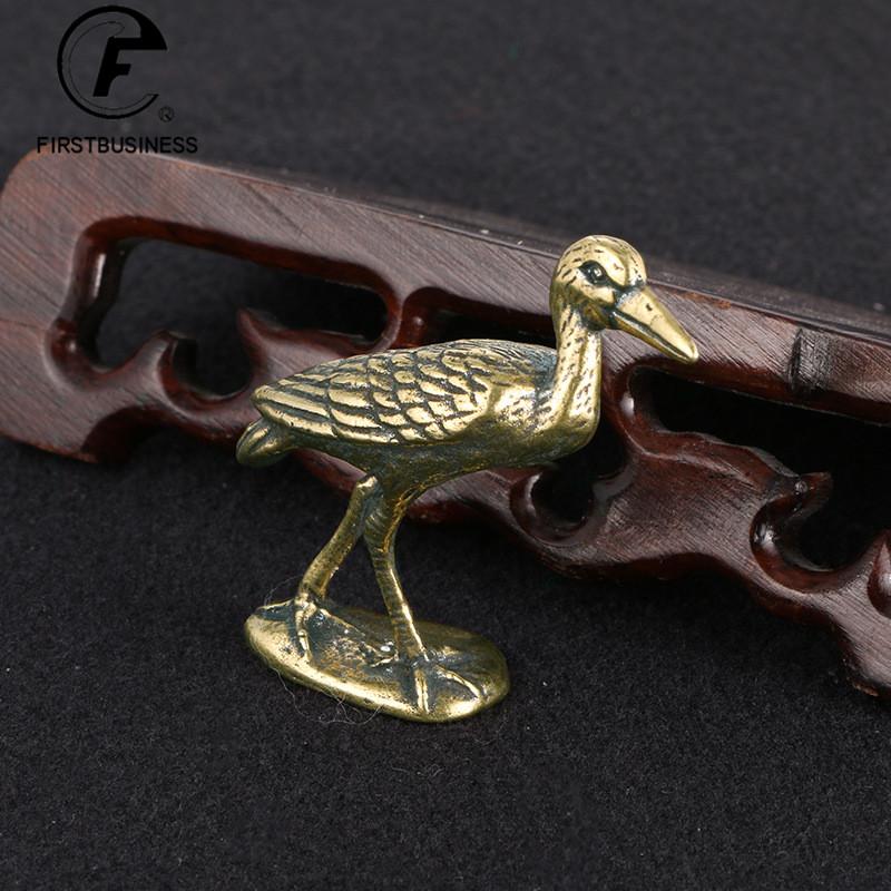 Retro Brass Crane Figurines Miniatures Tea Pet Small Animal Statue Crafts Collection Office Desk Ornament Lucky Home Decorations