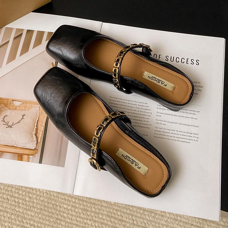 CRLAYDK Mules for Women Square Toe Buckle Flats Comfortable Slip On Shoes Leather Backless Loafers Lady Work Dress Slides