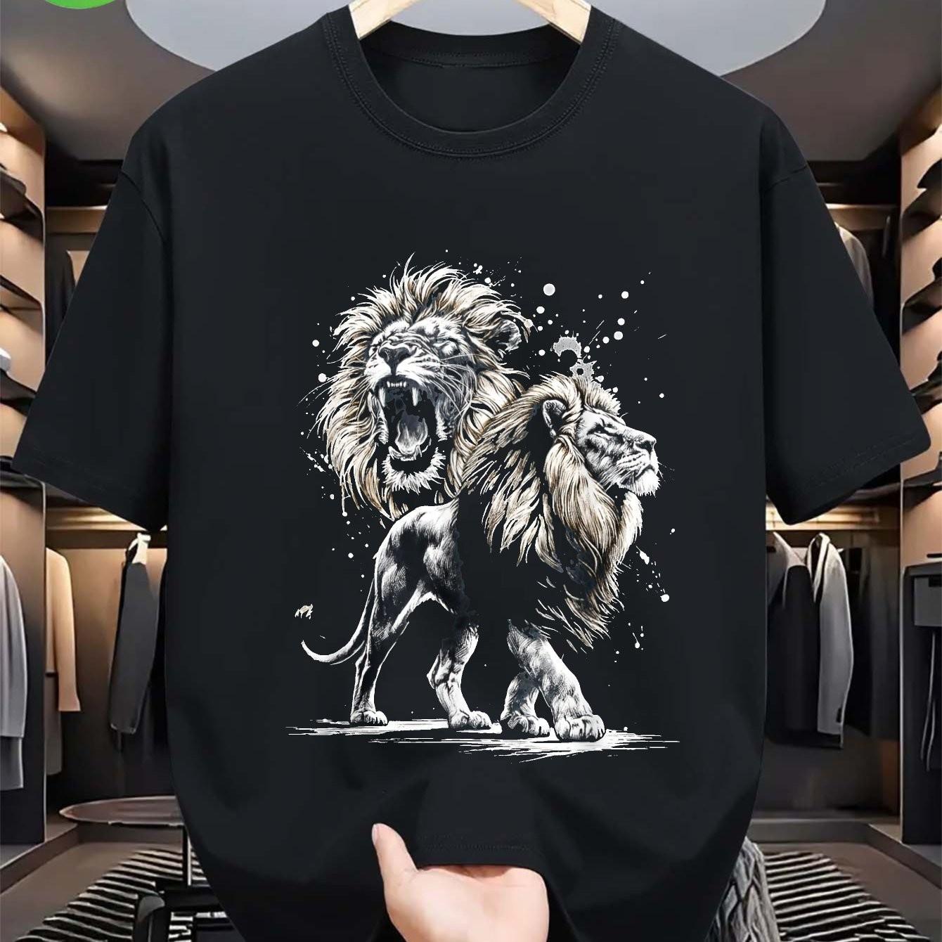 Art Style Roaring Lion Graphic Tee Soft Cotton Breathable Short Sleeve TShirt Daily Wear S