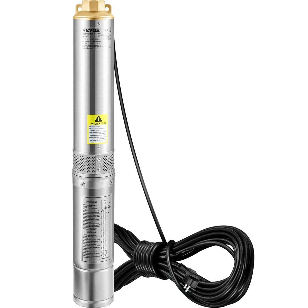 Deep Well Submersible Pump, 750W 230V/50Hz, 100L/min 66 m Head Sand Resistant <5%, 20 m Electric Cord, 7.6 cm Stainless Steel Water Pumps for