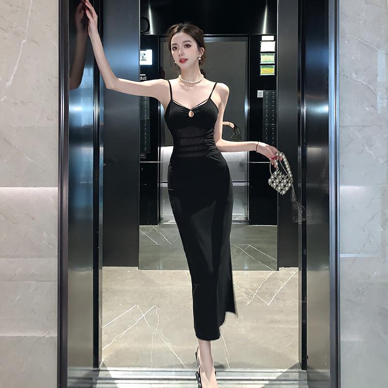 Korean Version of the New Summer Pure Desire Style Spice Girl Design Sense Suspender Skirt Women's Empty Mesh Sexy Hip-wrapped Split-ended Long Dress
