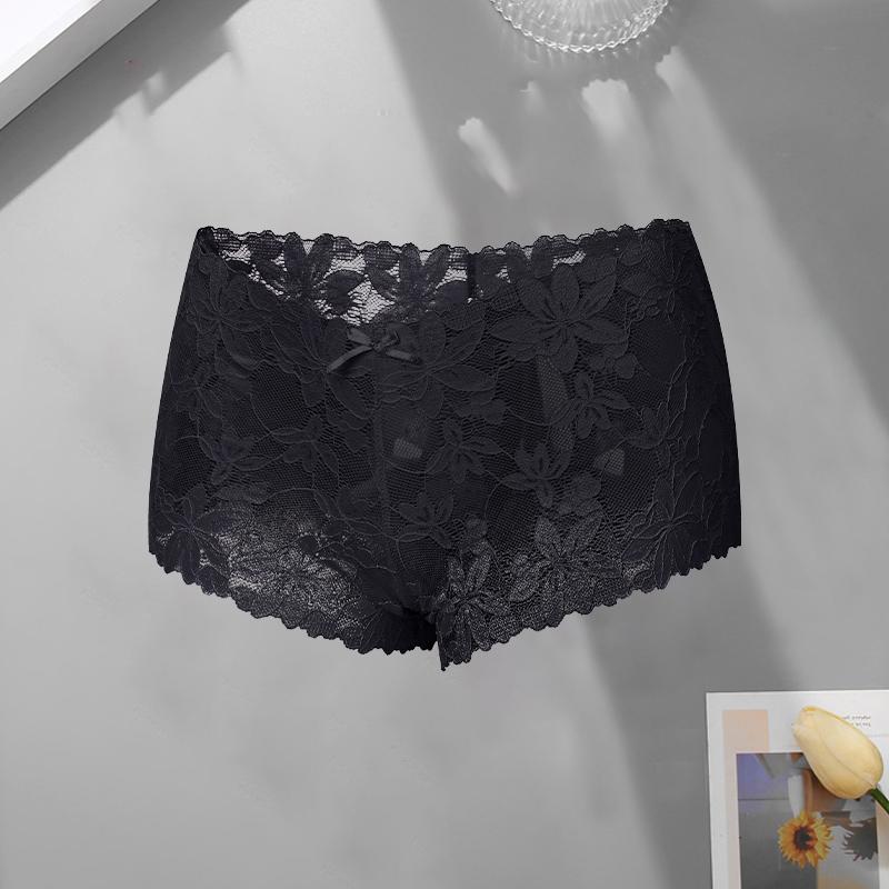 Women‘s Sexy Lace Floral Boxer Shorts Panties Female Solid Color Hollow Out High Waist Boyshort Elastic Perspective Lingerie