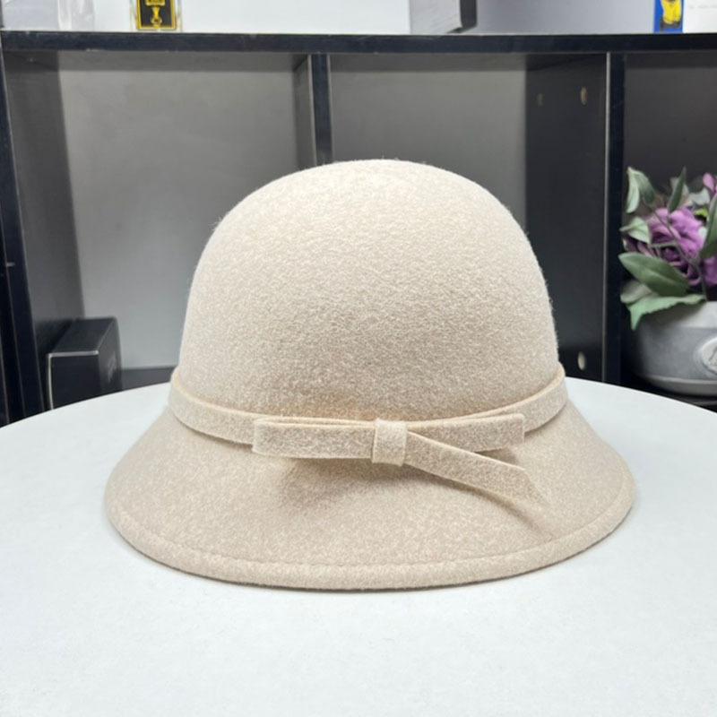 Hepburn small fragrant wind wool styling basin hat women's autumn and winter simple and elegant bow bucket hat small brim hat