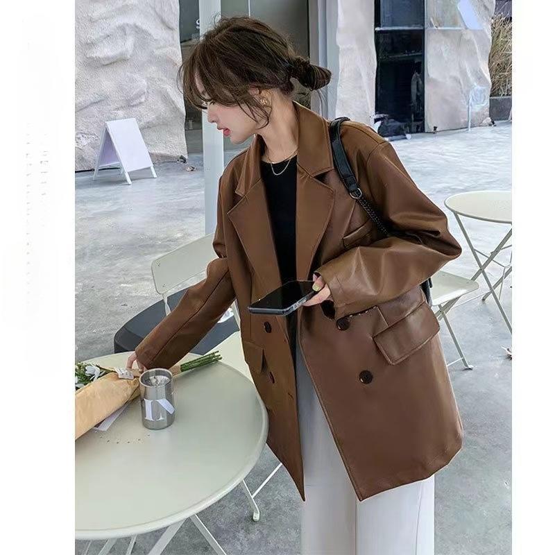 

Куртка из искусственной кожи с винтажной текстурой и маленький костюмный топ для женщин в ретро-стиле и стиле high-end осенью L кофейный