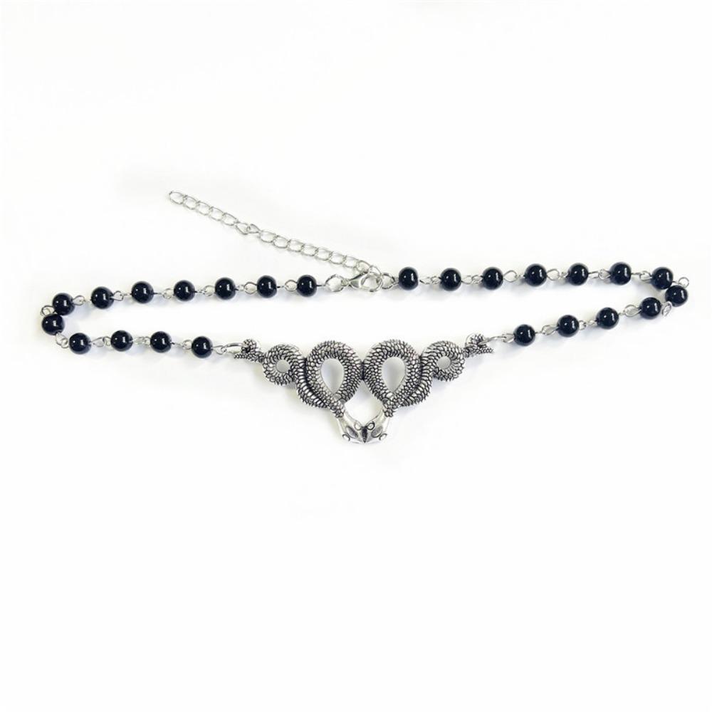 Gotisch Punk Antik Silber Doppel Schlangen Schwarz Perlenkette Halskette für Frauen Männer Halloween Party Halsband Kette Schmuck Geschenke