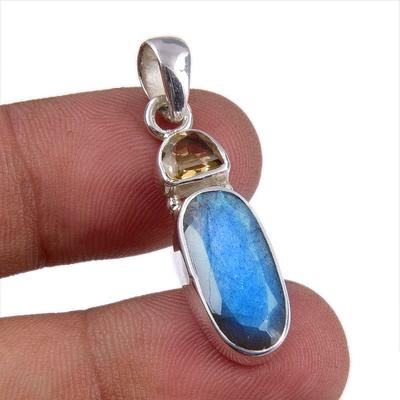 Natural Labradorite,Citrine Gemstone 925 Solid Silver Jewelry Pendant 1.50" o0O03