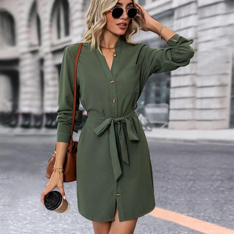 DICFY Women's Fashion Summer Spring Solid Color Print Long Sleeve V-Neck Casual Dresses