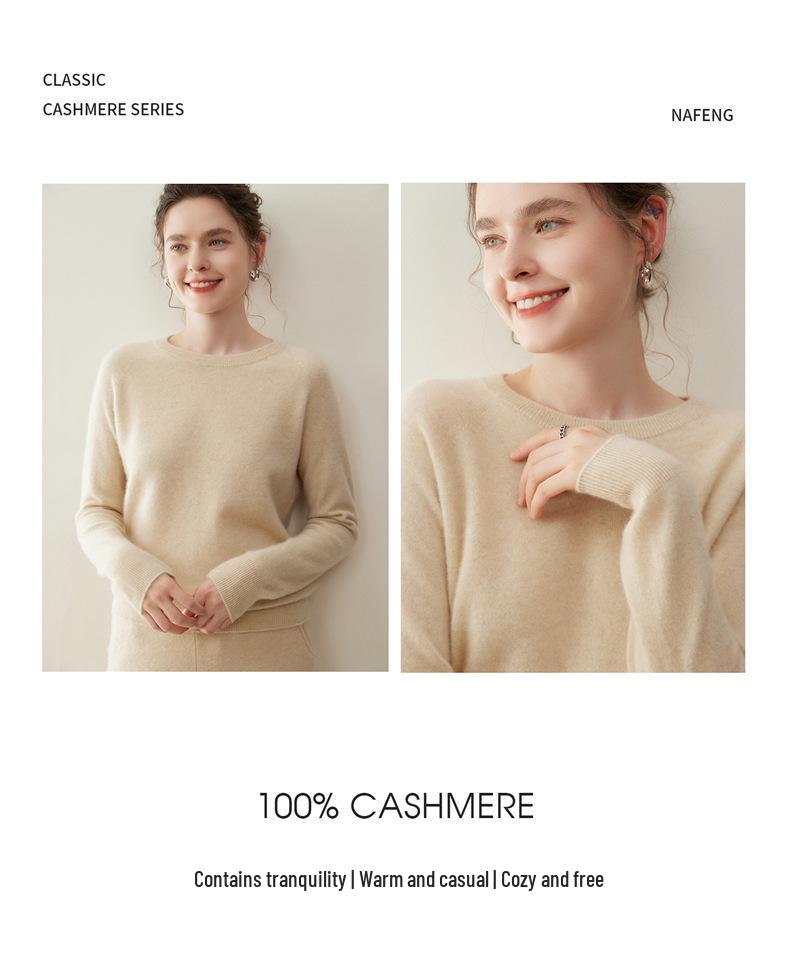Women's 100% Pure Cashmere Round Neck Seamless Knit Sweater with Raglan Sleeves