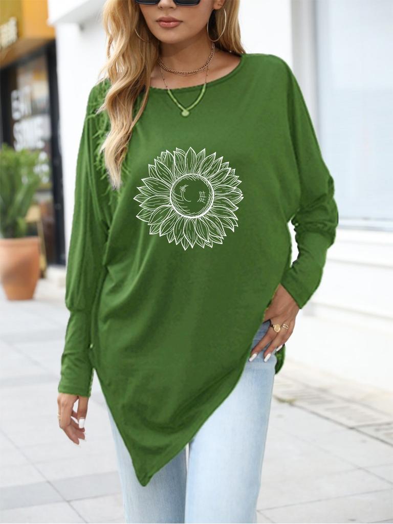 Women's Spring/Fall Asymmetrical Hem T-Shirt Fashion Printed Logn Sleeve Top Women's Oversize Long-Sleeve