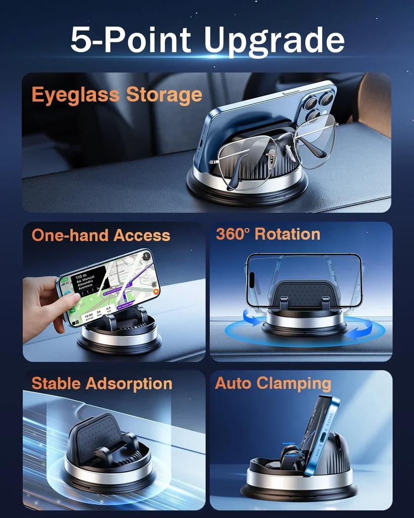 Eary Car Phone Holder Mount Dashboard 360°Rotatable Tablet Stand Universal Car Bracket for iPhone 15 Pro Max/14/13 Samsung S24