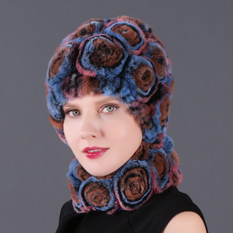 Rex Rabbit Rose Hat and Flower Scarf Set Specializing in the production of Rex Rabbit Scarf Hat Two-piece Adult Hat