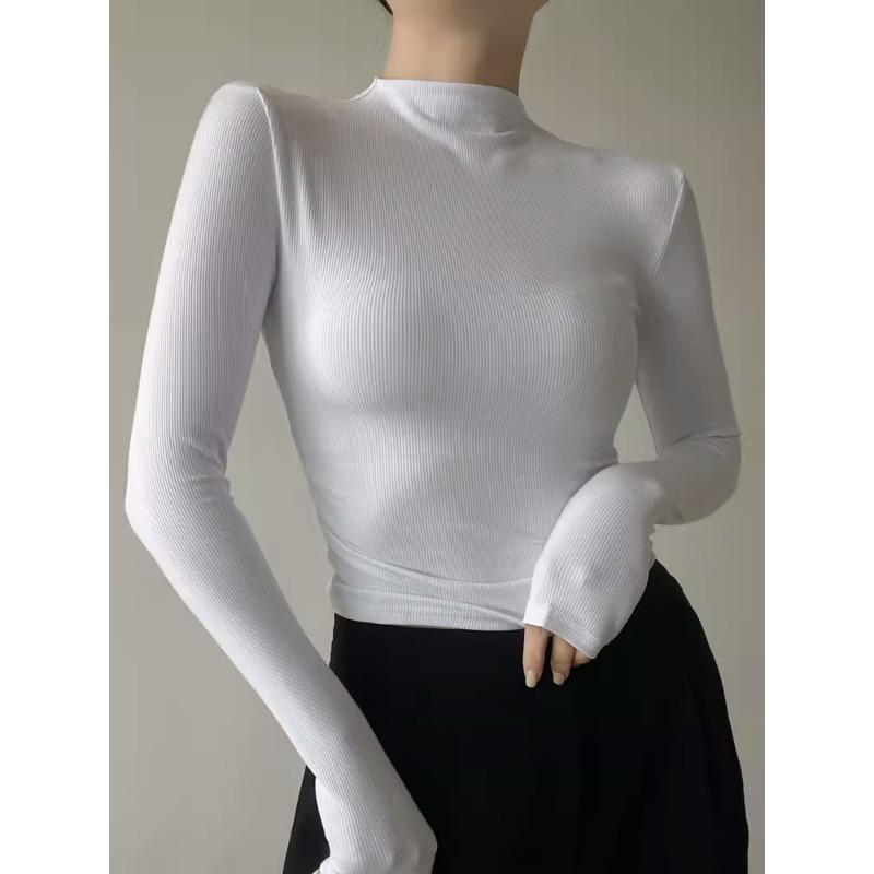 Women Half High Neck Long Sleeve Slim Cropped Solid Base T Shirt