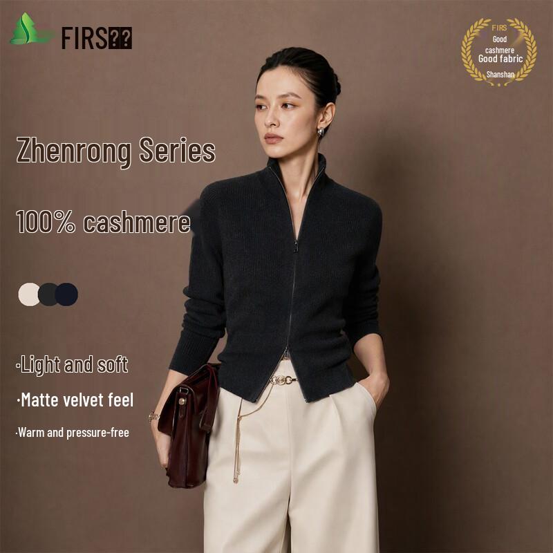 FIRS Women's Slim-Fit Pure Cashmere Mock Neck Cardigan