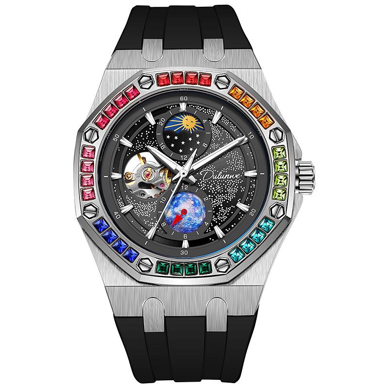 Durenwei Herren Wasserdicht Leuchtend Regenbogensterne Edelstahl Mechanische Uhr