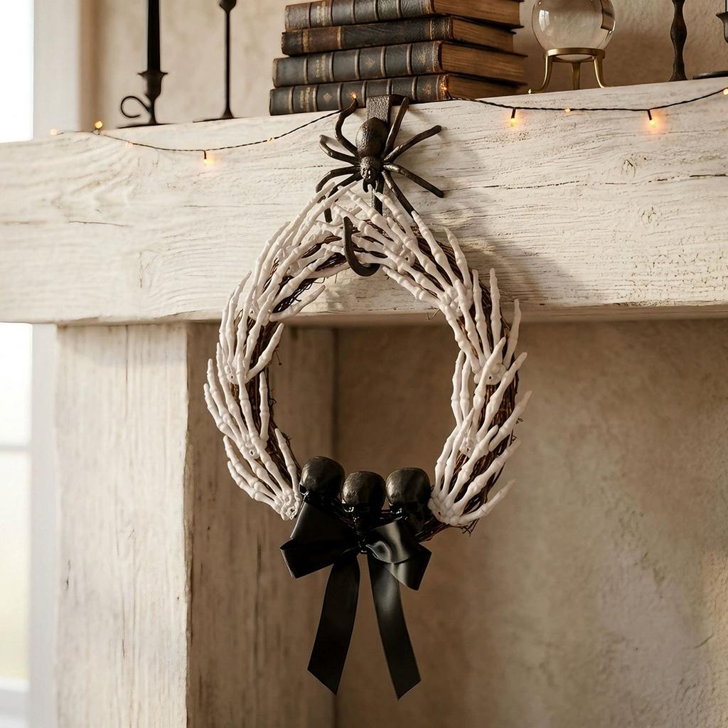 Halloween Skeleton Hand Door Wreath with Black Bow Ghost Hand Yard Decoration Scene Setup 35cm Indoor Outdoor Hanging Ornament