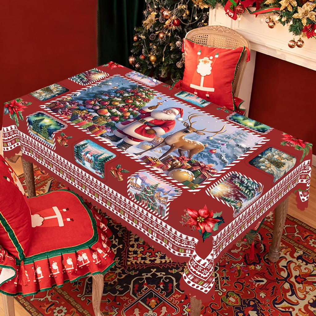 1 Piece Of Christmas Round And Rectangular Tablecloth, Various Sizes, Santa Claus And Christmas Tree Exquisite Scene Print Red Tablecloth, Christmas C