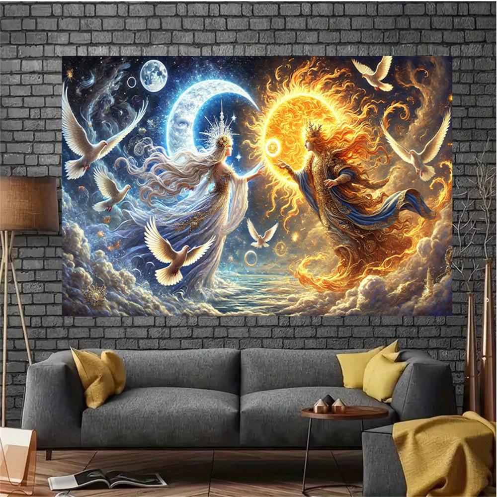 Sun And Moon Gods Wall Tapestry Fantasy Mythology Art Spiritual Celestial Decor Wall Hanging Witchy Room Yoga Space Altar Gift