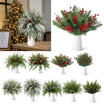 Greenery Leaves Christmas Artificial Pine Branches Red Berries Natural Looking Home Decoration