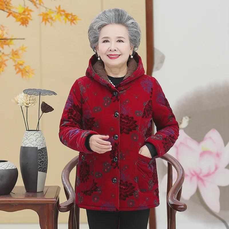 Babiččin zimní bavlněný kabát s kapucí: Dámská tlustá sametová manšestrová bunda 60+, teplé a polstrované svrchní oblečení