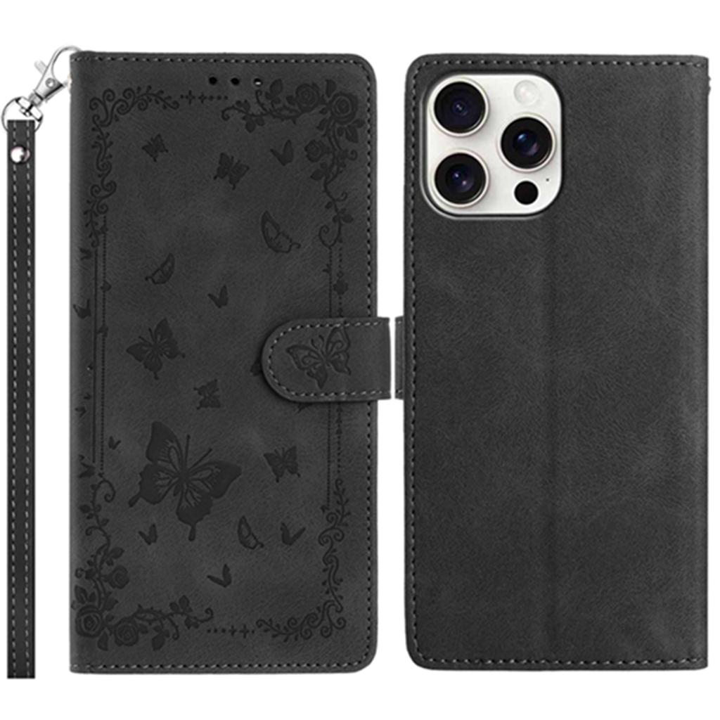 For iPhone 16 Pro Max Case Garden Imprinted PU Leather Wallet Phone Cover with Wrist Strap